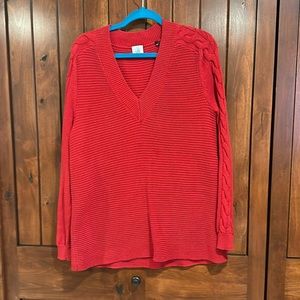 CAbi-red sweater with cableknit detail on sleeves